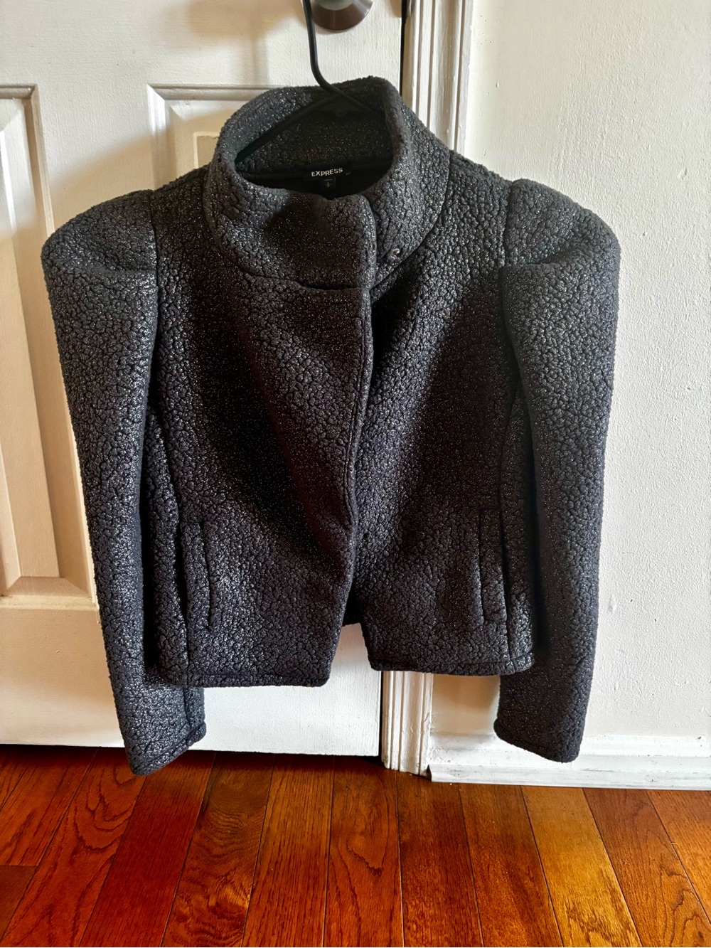 Express Grey Textured Teddy Funnel Collar Jacket